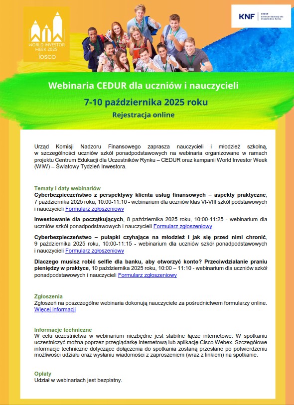 Urząd KNF zaprasz nauczycieli i młodzieży na webinarium organizowane w ramach projektu CEDUR