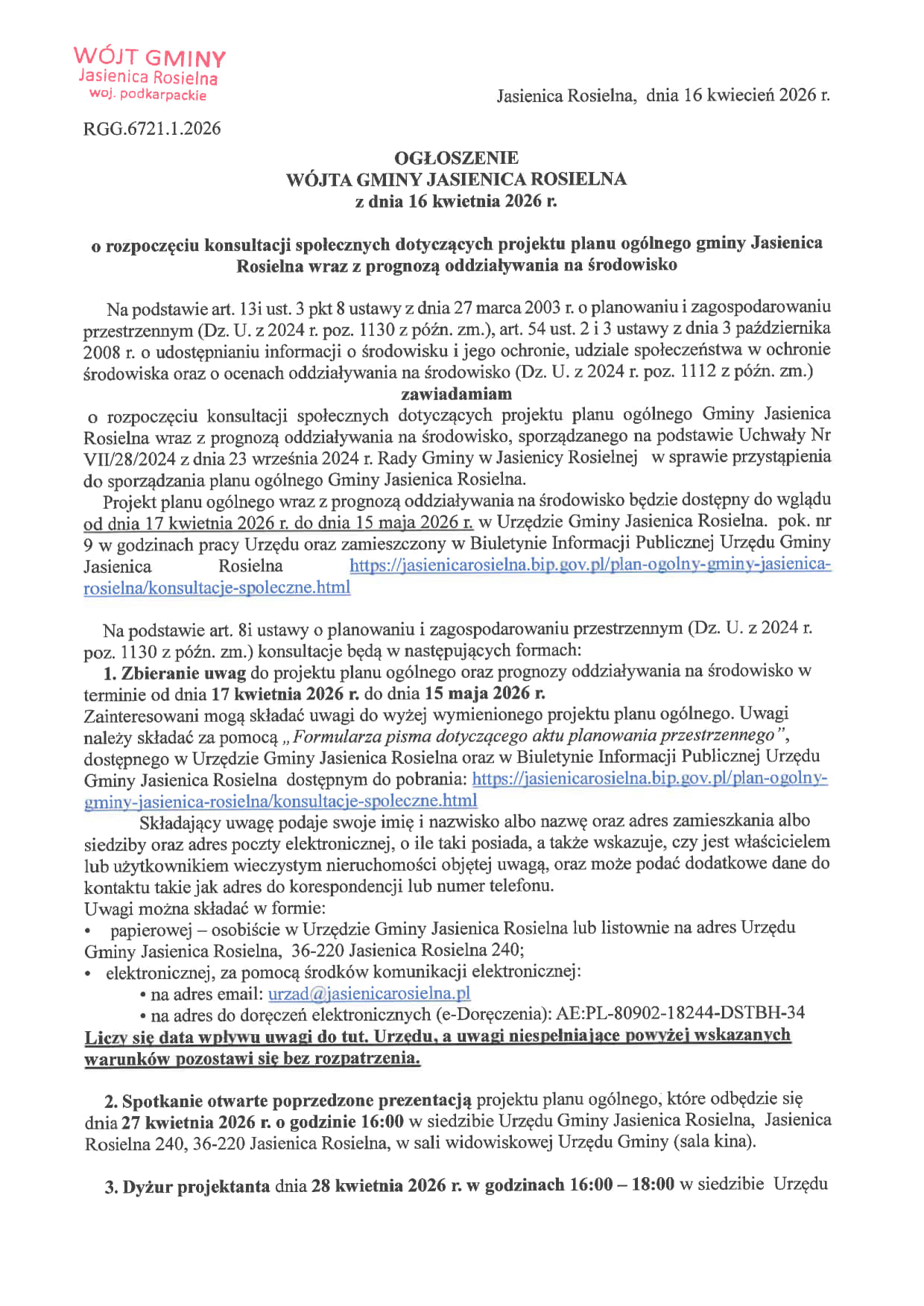 Ogłoszenie O Rozpoczęciu Konsultacji Społecznych Kwiecień 2026R 1