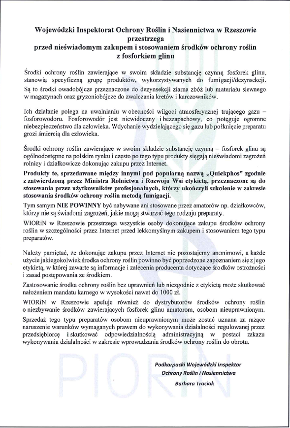 Pismo dotyczące stosowania środków ochrony roślin